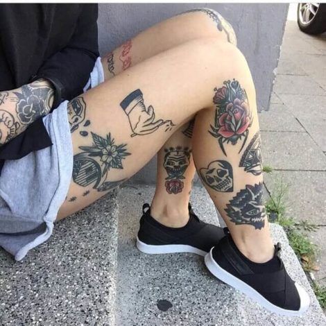 famale tattoo old school leg