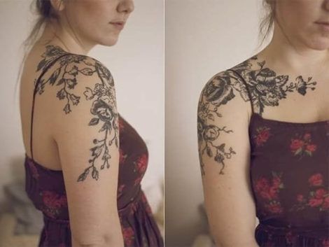 tatuagem de flores com galhos no ombro 1