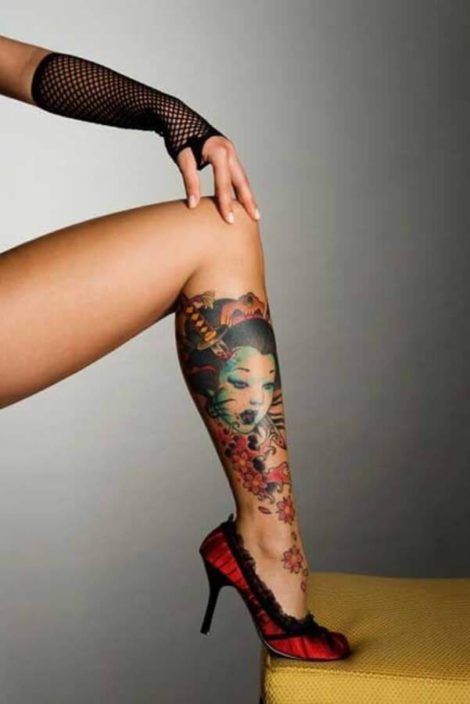 tatuagem feminina perna gueixa